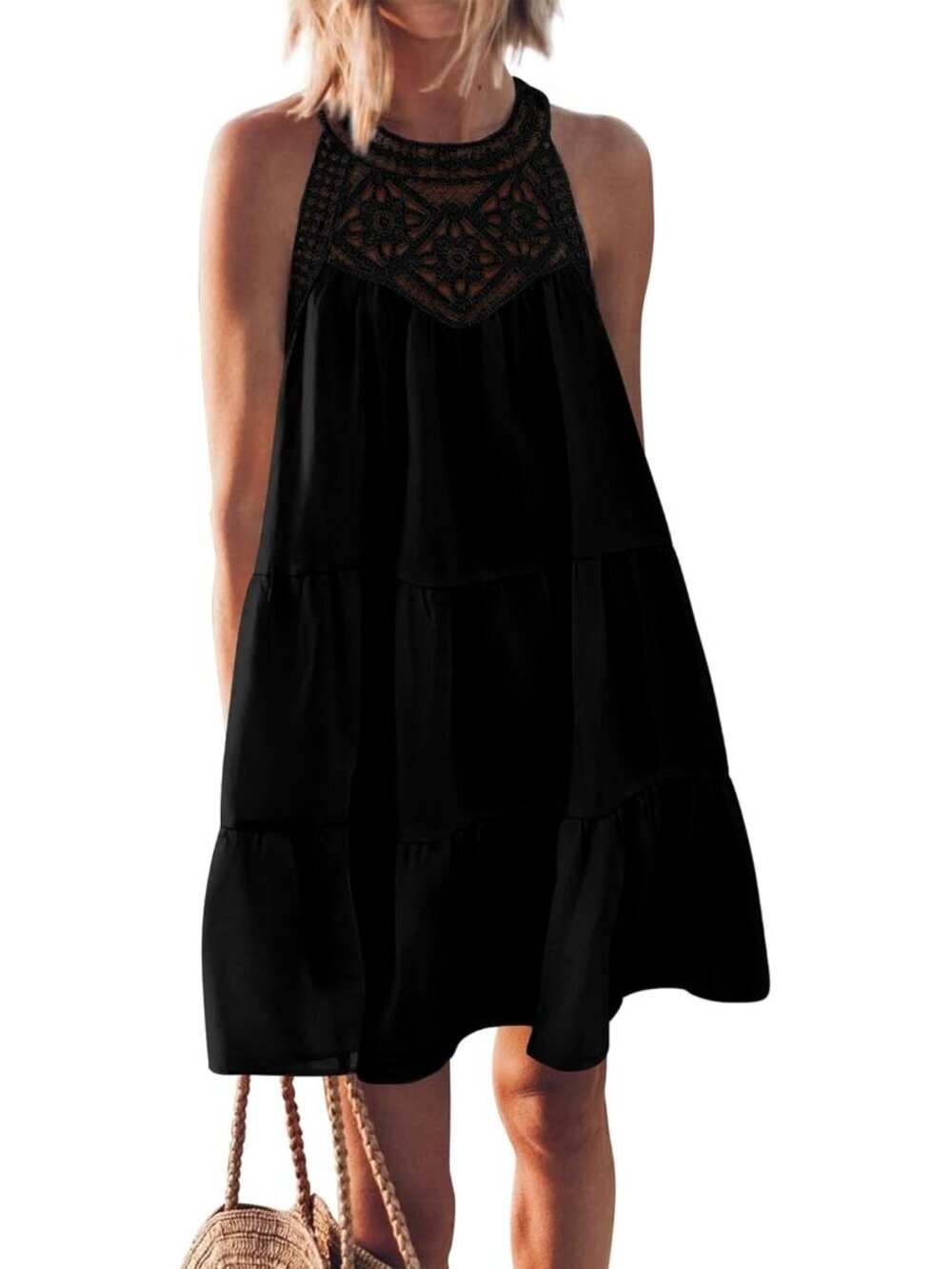 Women's Black Spring Boho Fashion Halter Neck Sleeveless Loose A-Line Mini Beach